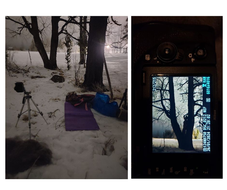 Kuvaparin toisessa kuvassa näkyy kamera jalustalla, toisessa kuva kameran takanäytöstä, jossa omakuvaprojektini kuva.